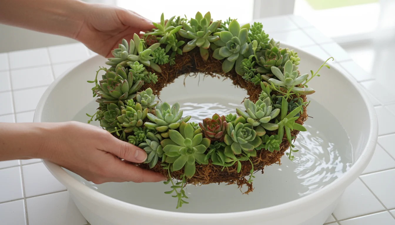 An adult's hands gently lower a vibrant succulent wreath, laid flat, into a shallow white tub of water, showing its moss base absorbing moisture.