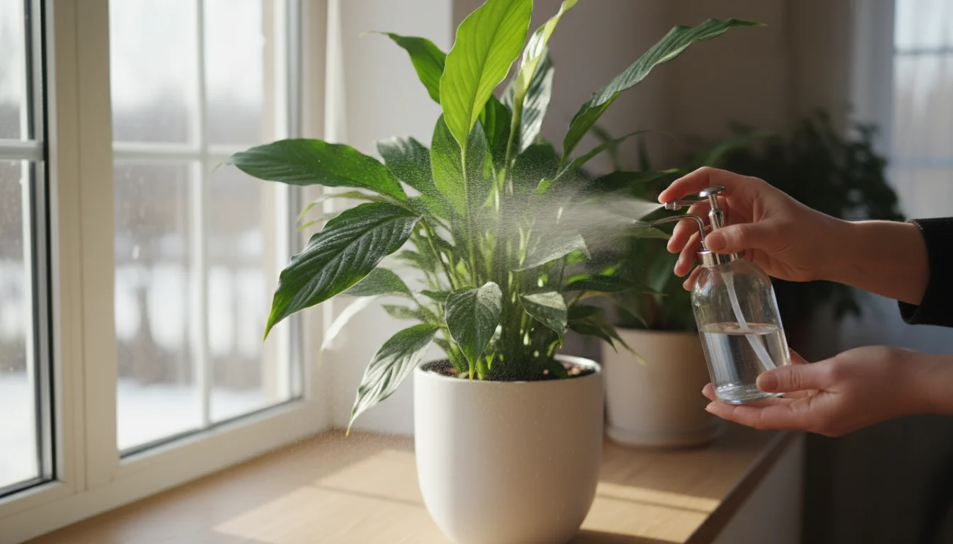 An adult's hands gently misting the broad leaves of a small houseplant with a spray bottle in soft winter light.