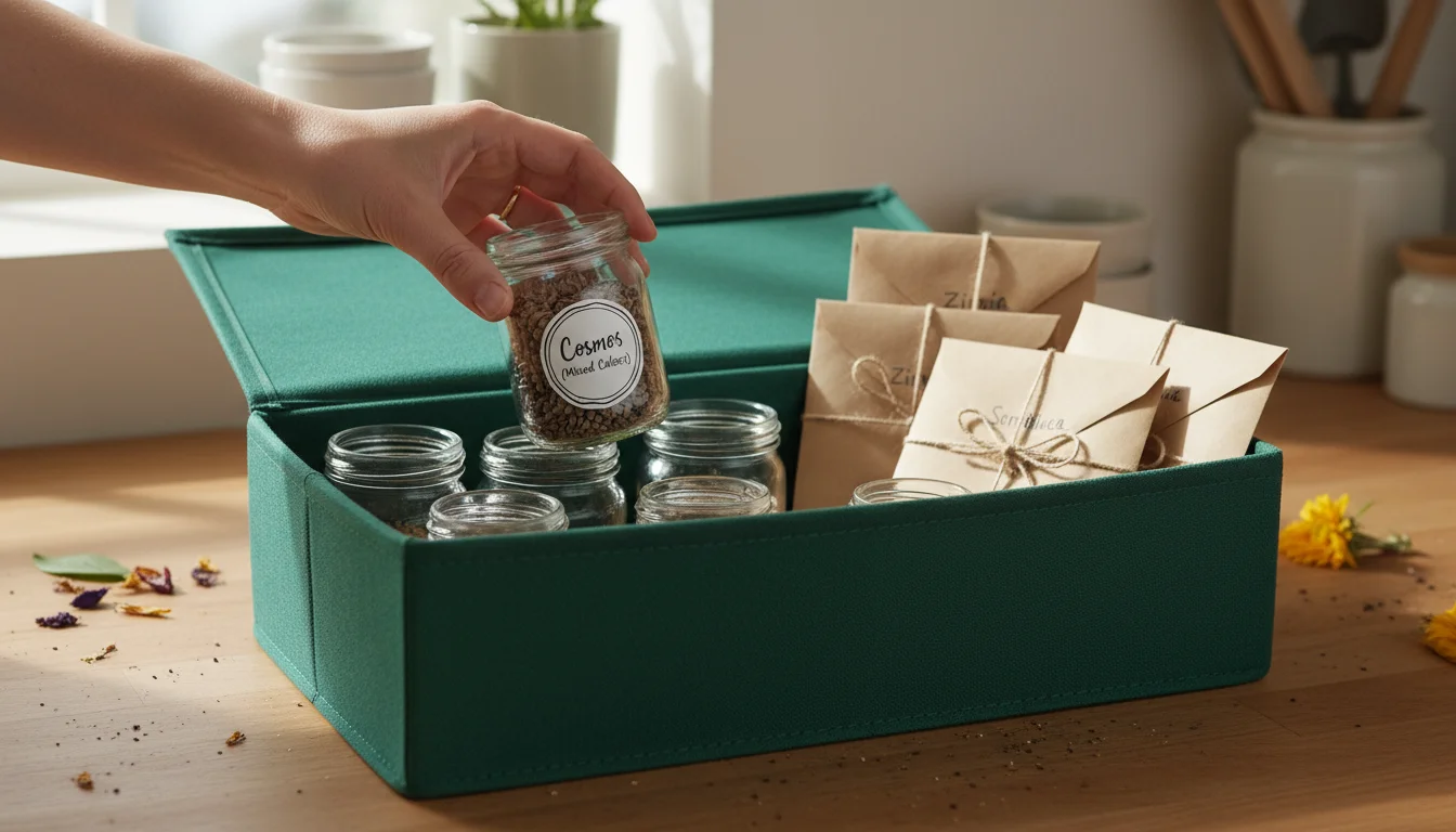 Adult hands place a labeled glass jar of cosmos seeds into an open, dark-green fabric storage box on a wooden counter.