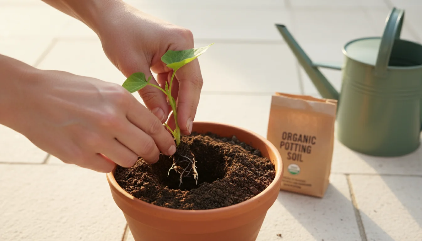 Adult hands gently planting a rooted sweet potato slip into a terracotta pot filled with dark potting mix on a light-colored table.