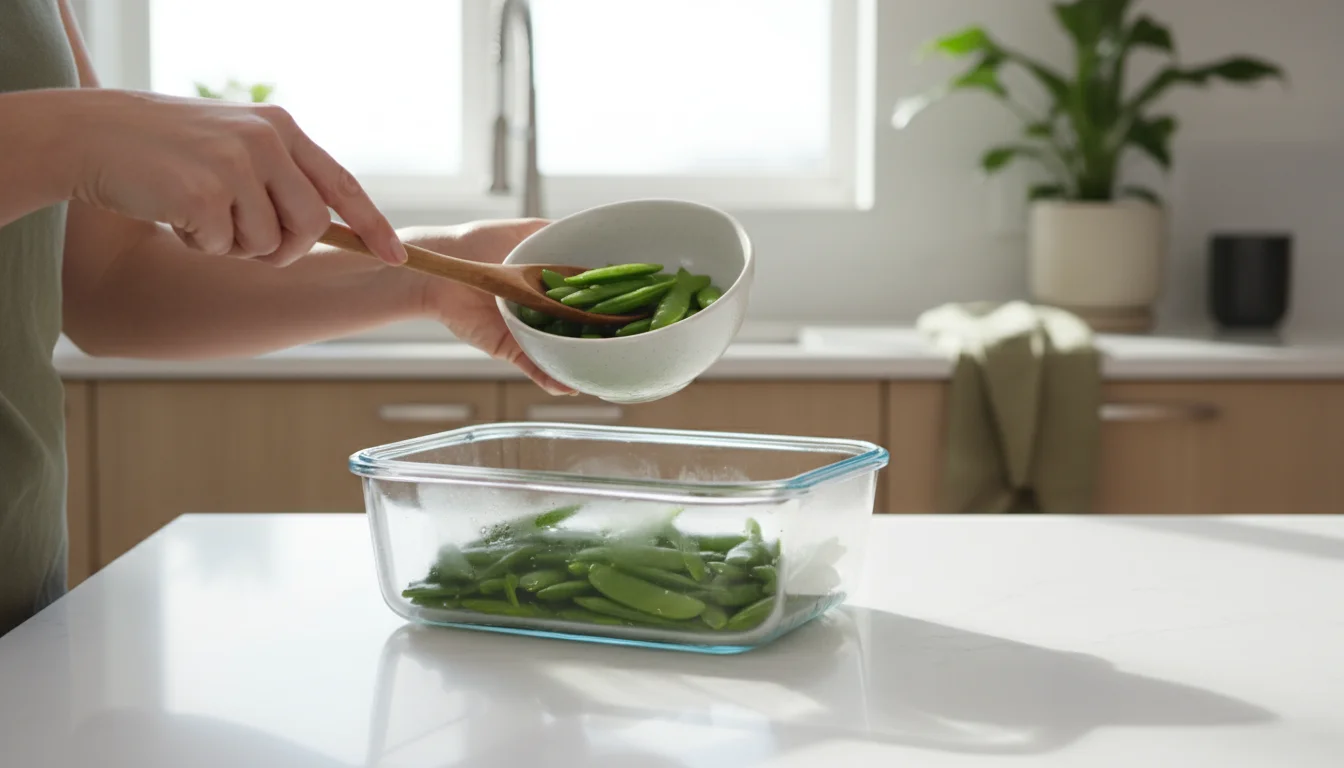 Adult hands portioning blanched sugar snap peas from a bowl into a clear freezer container on a sunlit kitchen counter.