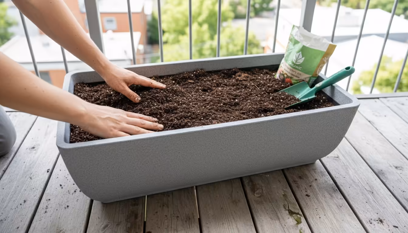 An adult's hands prepare a modern balcony planter, gently leveling airy, dark brown potting mix with visible perlite, with a 'calcium-enriched' bag su