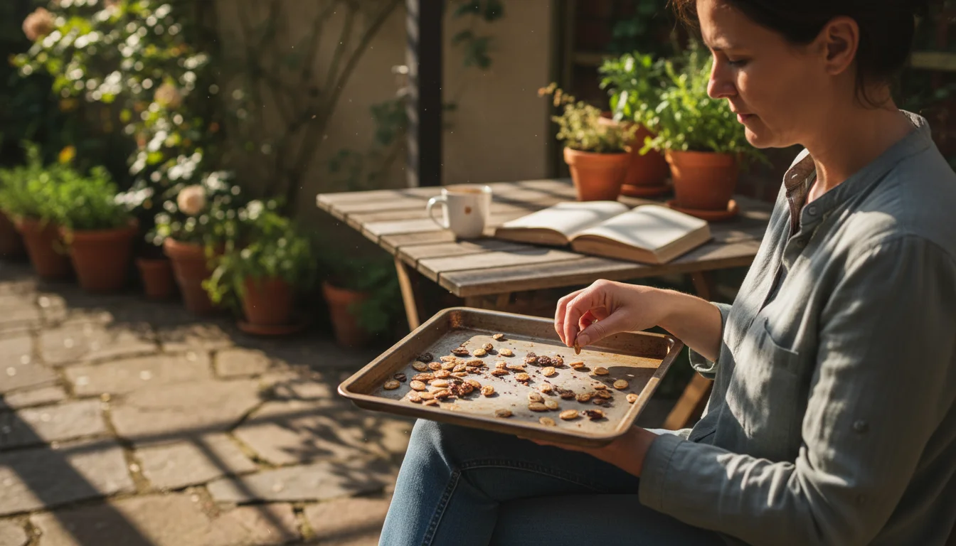 Adult's hands gently prod unevenly roasted pumpkin seeds on a small baking sheet on a patio, with container plants in soft focus.