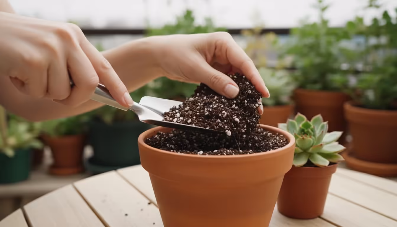 Adult hands repotting a succulent into a terracotta pot with well-draining mix on a wooden balcony table, other pots blurred in background.