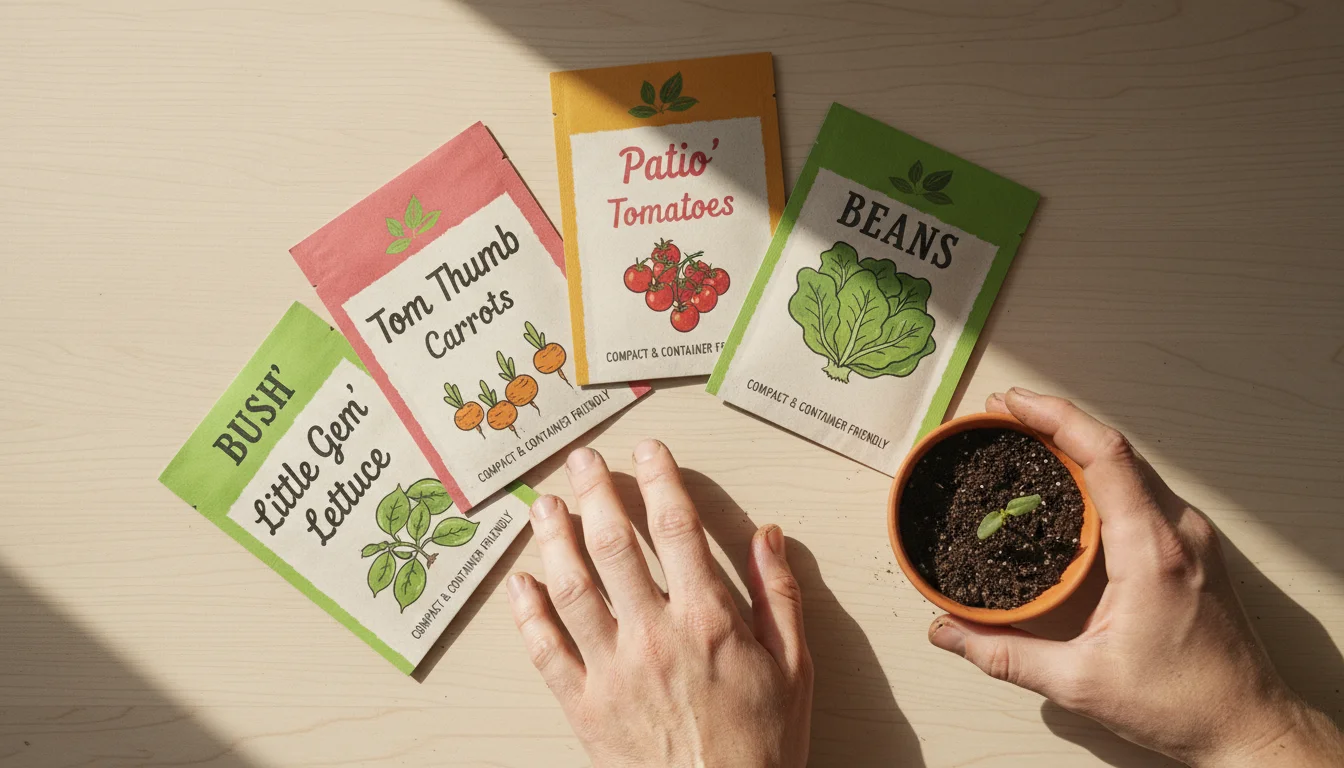 Adult hands selecting compact variety seed packets for a small apartment garden, laid out on a light wooden counter.