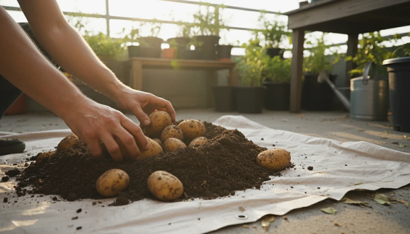 Adult hands gently sift through dark soil on a tarp, revealing a generous harvest of fresh, earthy potatoes on an urban patio, bathed in warm sunlight