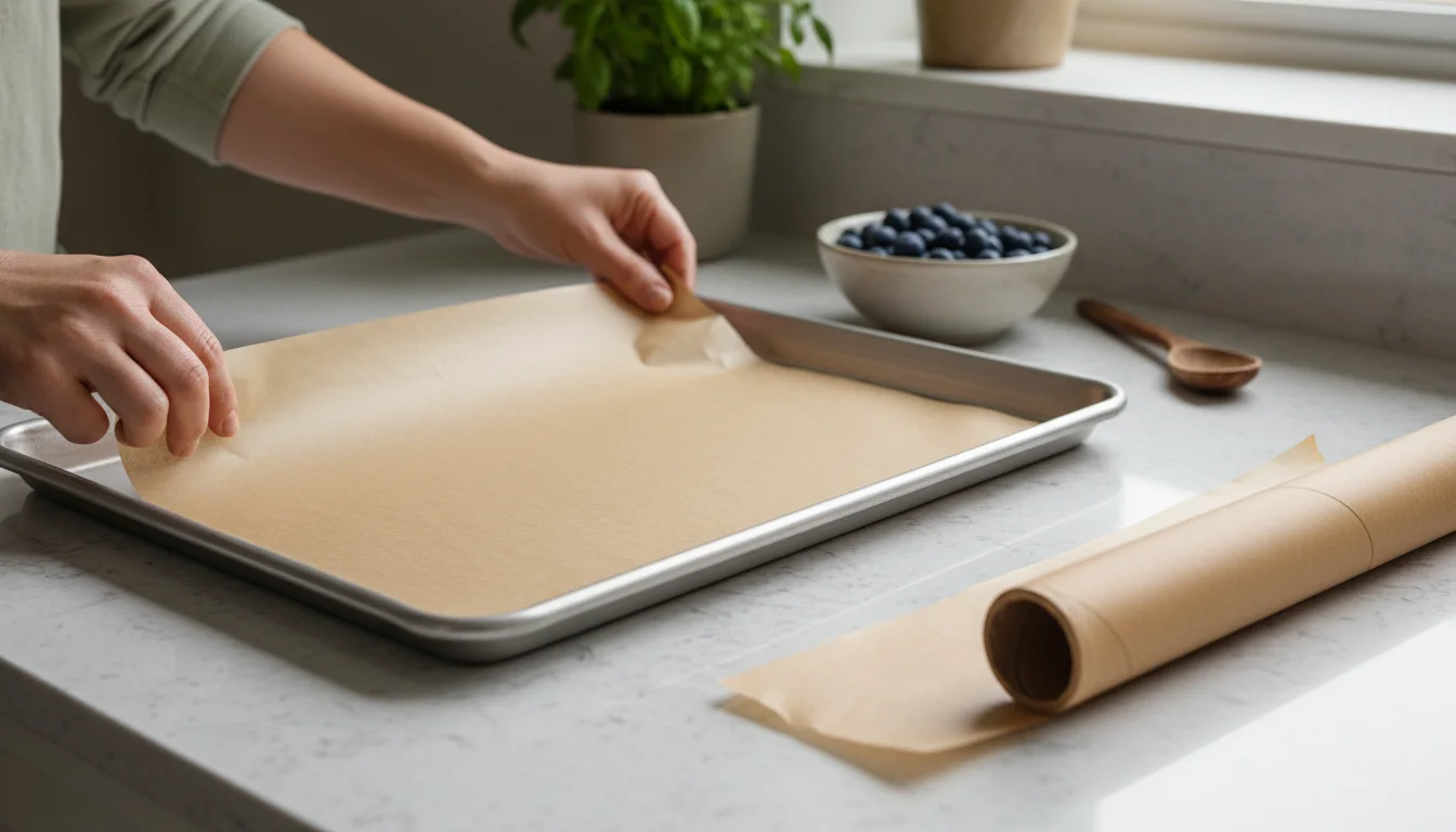 Adult hands smoothing parchment paper onto a metal baking sheet, with a roll of parchment paper nearby. A small pumpkin and dried seeds are softly blu