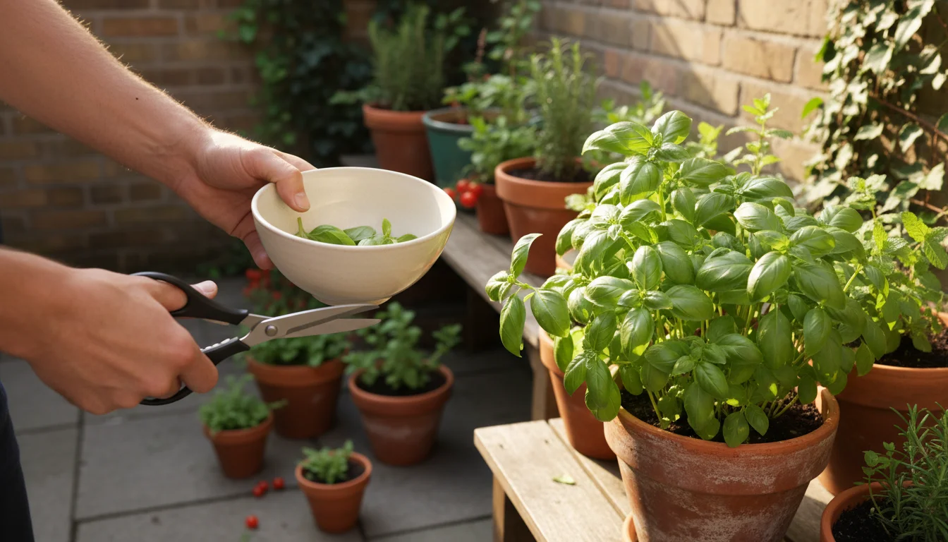 Adult hands gently snip fresh green basil from a terracotta pot on an urban patio, dropping clippings into a small ceramic bowl.
