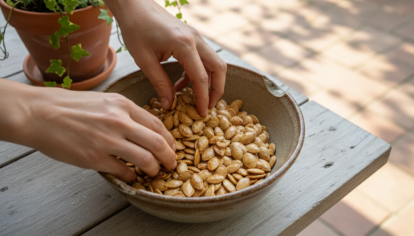 Adult hands toss raw pumpkin seeds coated in oil in a ceramic bowl on a patio table.