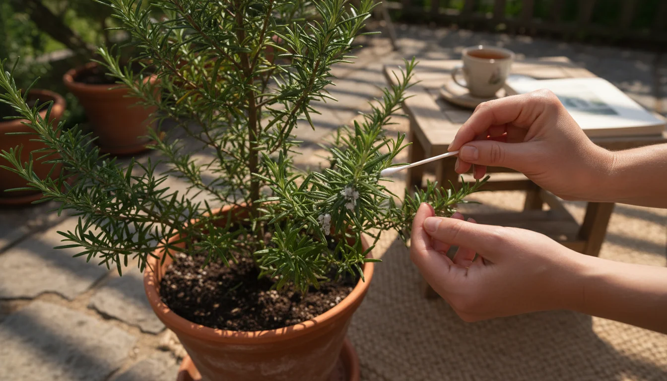 An adult's hands gently treat a potted rosemary plant showing white powdery spots and cottony mealybugs with a cotton swab on a sunlit patio.
