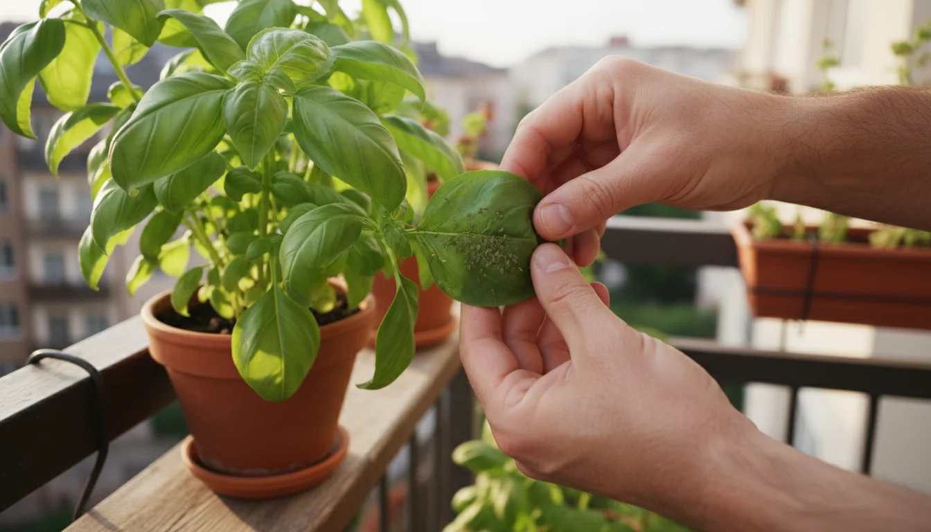 An adult's hands gently turn a vibrant basil leaf in a terracotta pot on a balcony, revealing a small cluster of green aphids underneath.