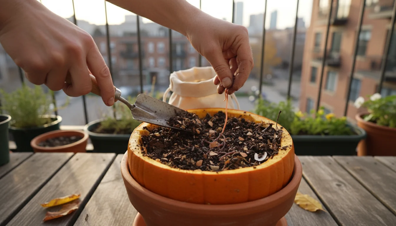 Adult hands turning dense, wet mini-compost in a pumpkin shell, adding shredded newspaper and dry leaves on a balcony.