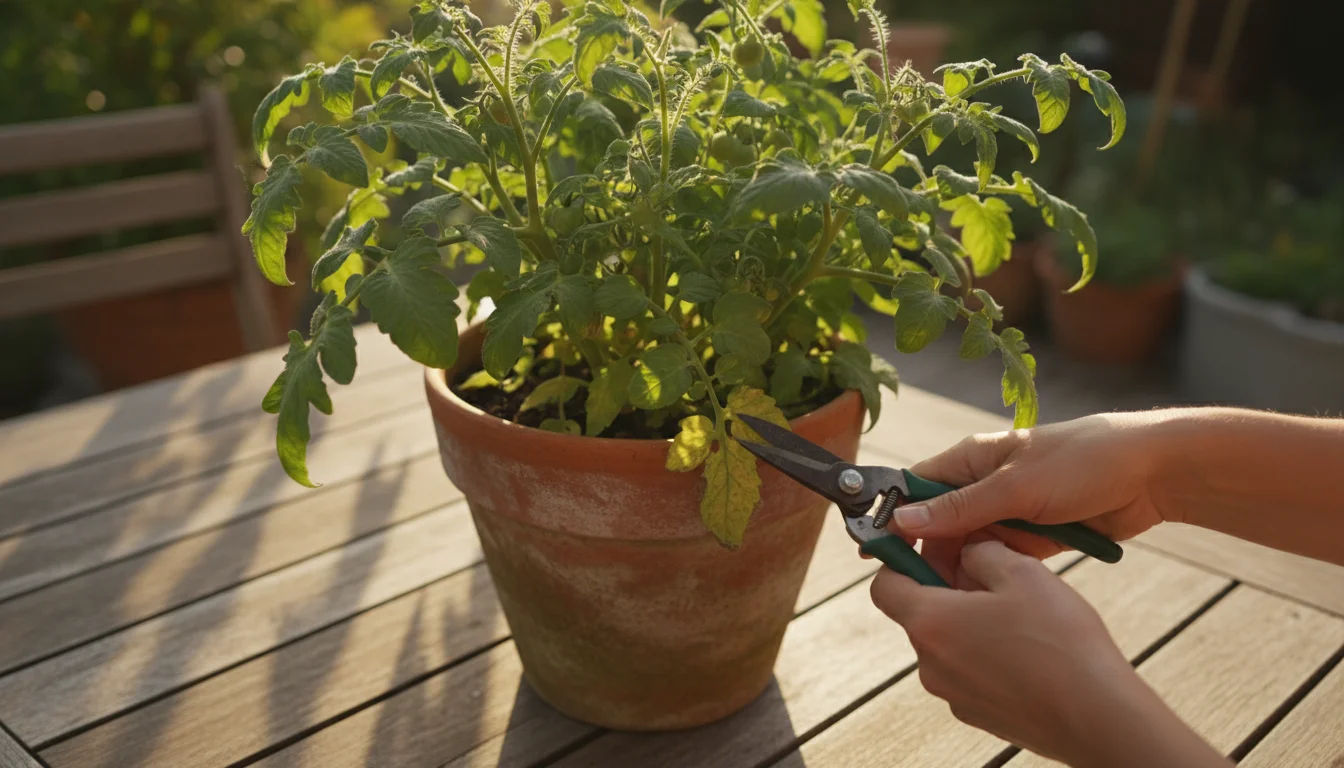 Adult hands use small snips to prune a yellowed leaf from a compact tomato plant in a terracotta pot on a sunny patio table.