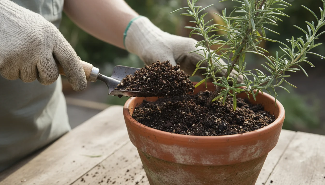 Adult hands using a trowel to add dark, crumbly compost around a rosemary plant in a terracotta pot on a sunny patio.