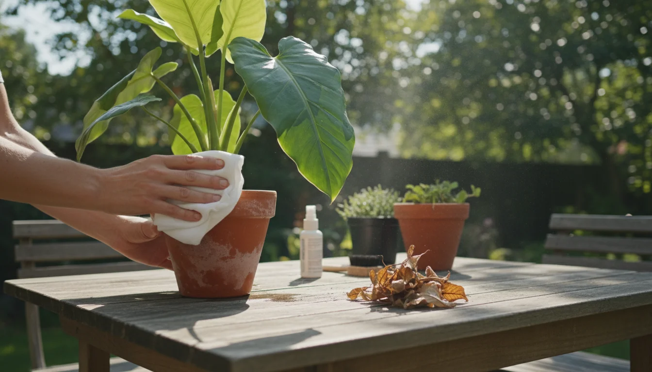 Adult hands wiping dust from a vibrant green plant leaf with a cloth, with dead leaves and a clean terracotta pot visible on a patio table.