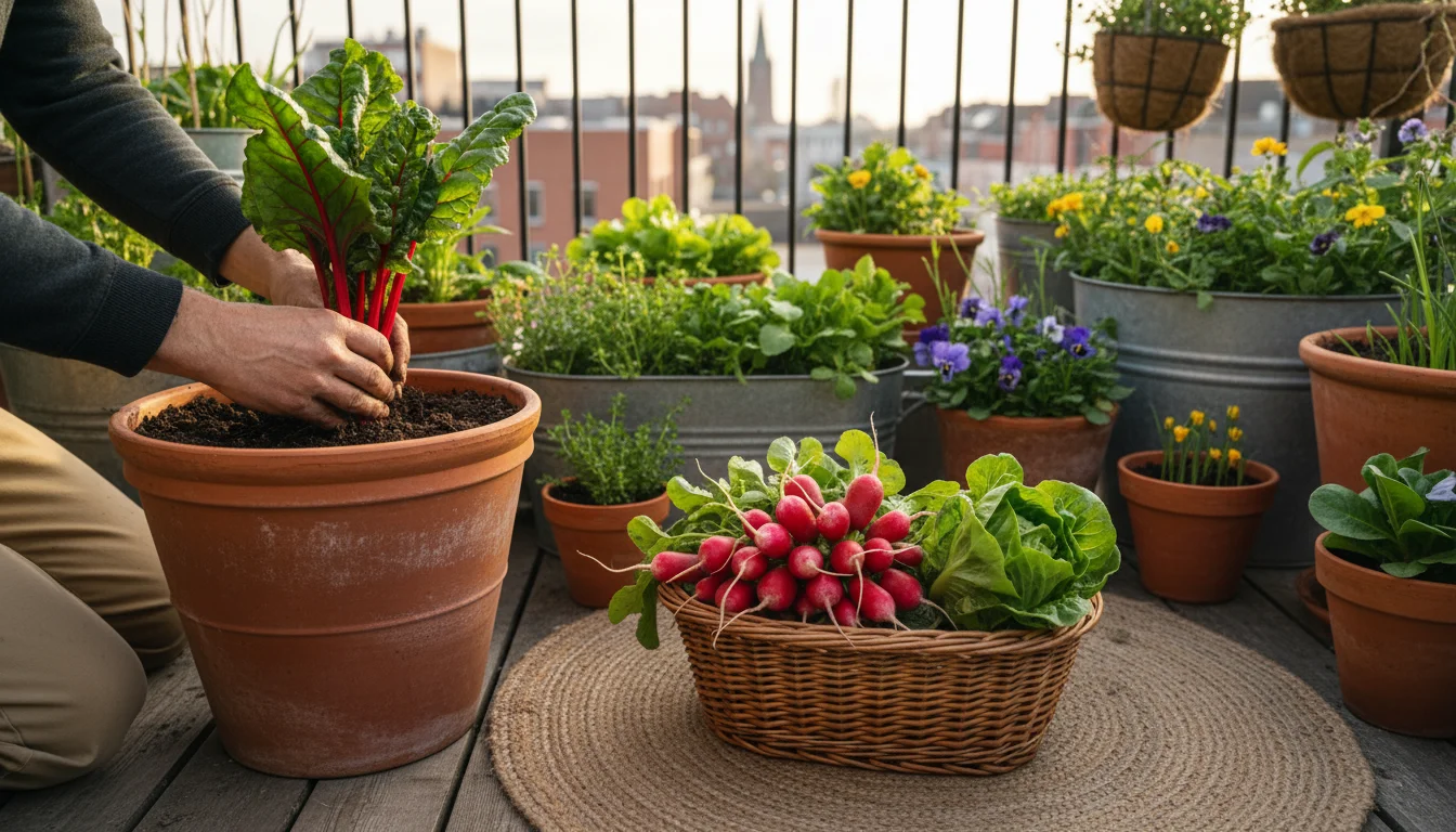 An adult harvests red Swiss chard from a terracotta pot on a balcony, with a basket of fresh radishes and lettuce nearby.