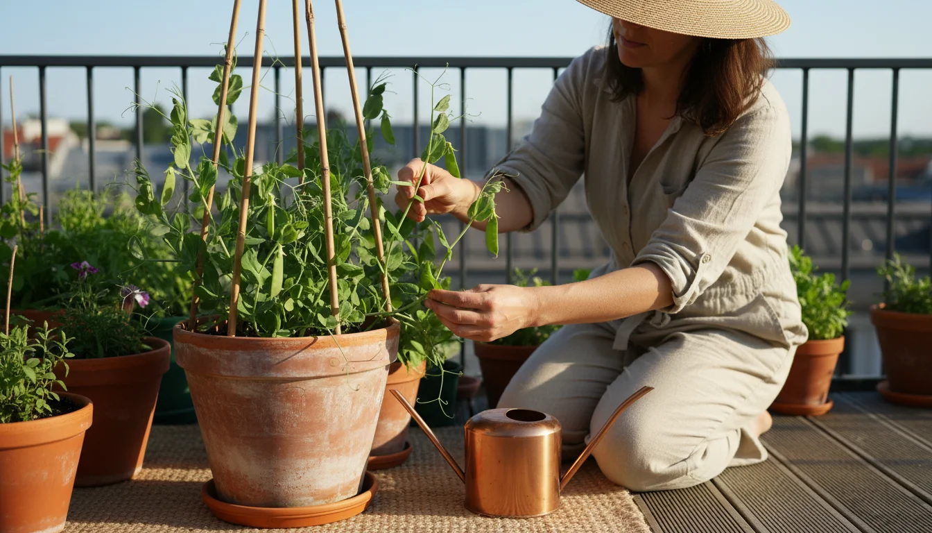 Adult kneeling on a sunny balcony, gently training sugar snap pea tendrils onto a bamboo trellis in a pot, with a watering can nearby.