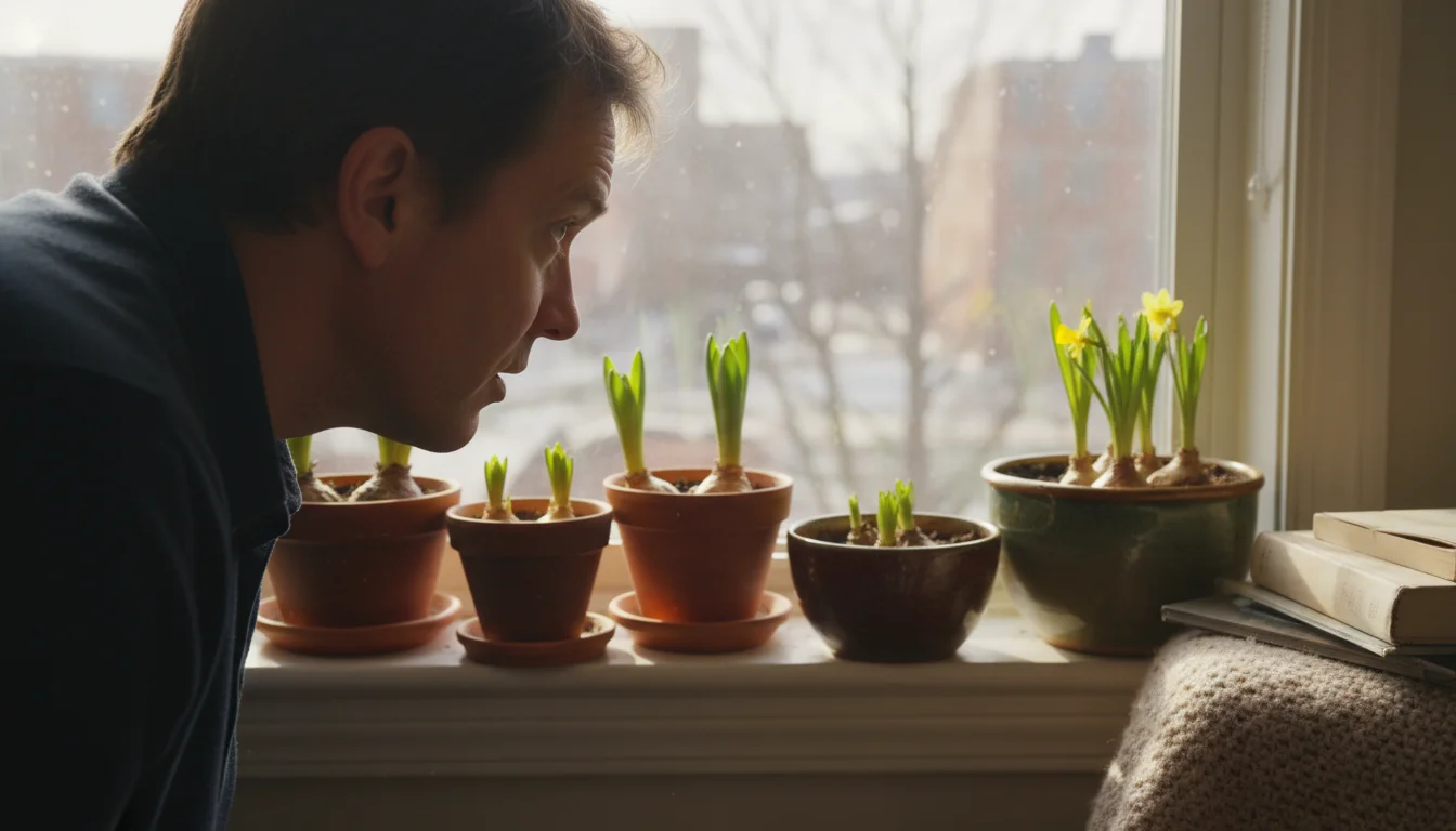 An adult observes potted indoor forced bulbs on a sunny windowsill, showing green shoots, leaves, and a tiny flower bud.