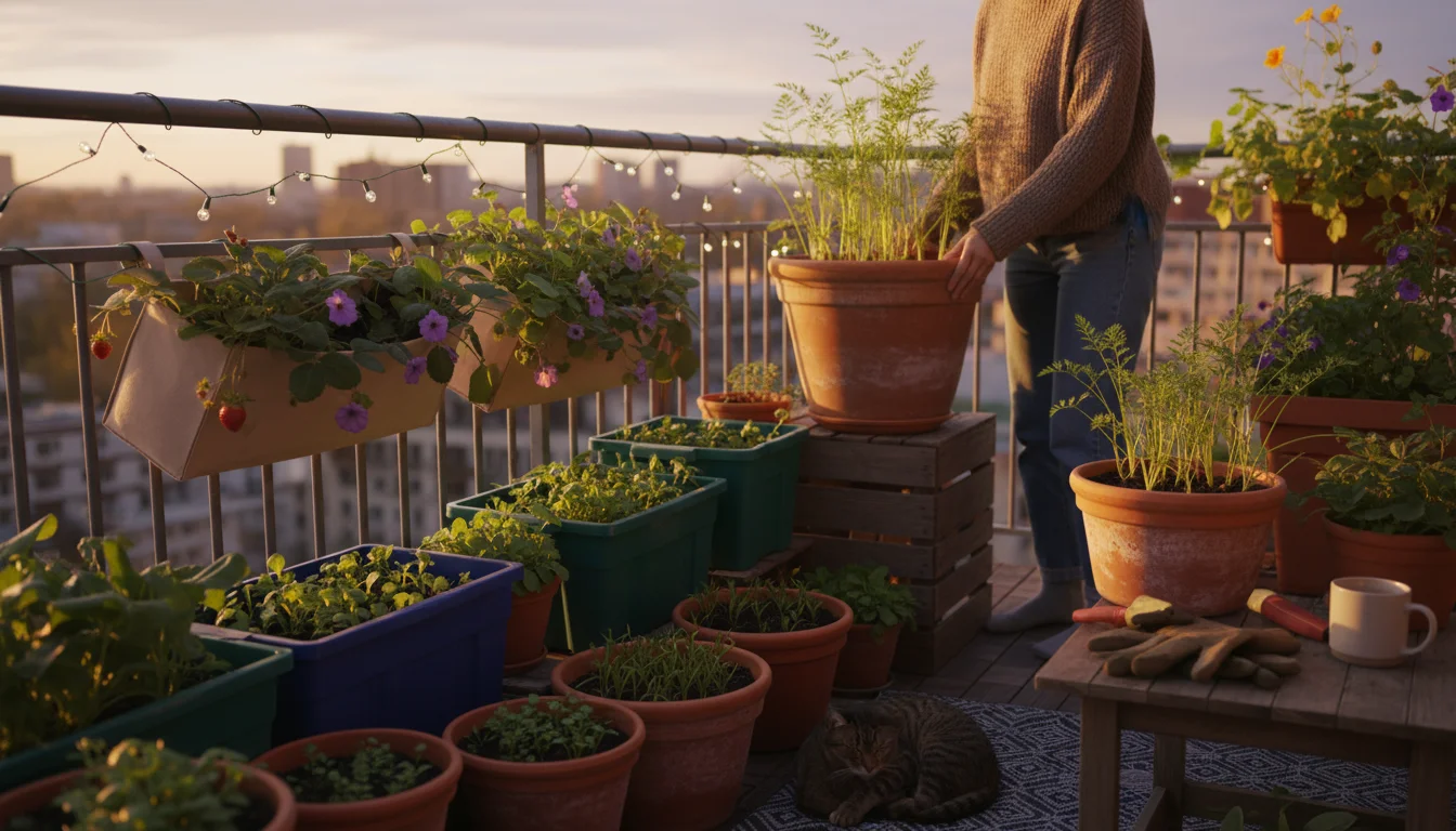 An adult rotates a pot of young carrot greens on a sunny urban balcony. Various containers, some shaded, fill the space. A small grow light illuminate