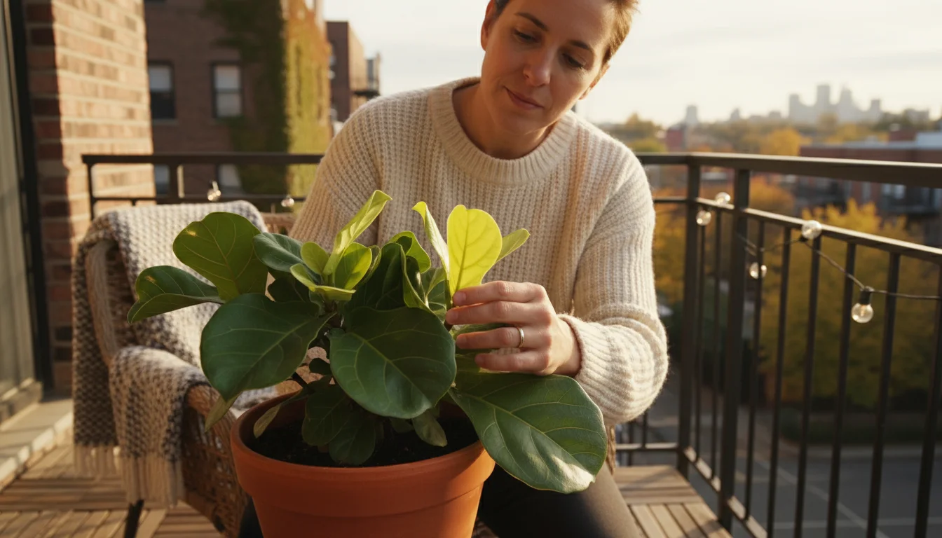 An adult on a small urban balcony gently examines tender, pale new growth on a container plant, hinting at incorrect fall fertilization.