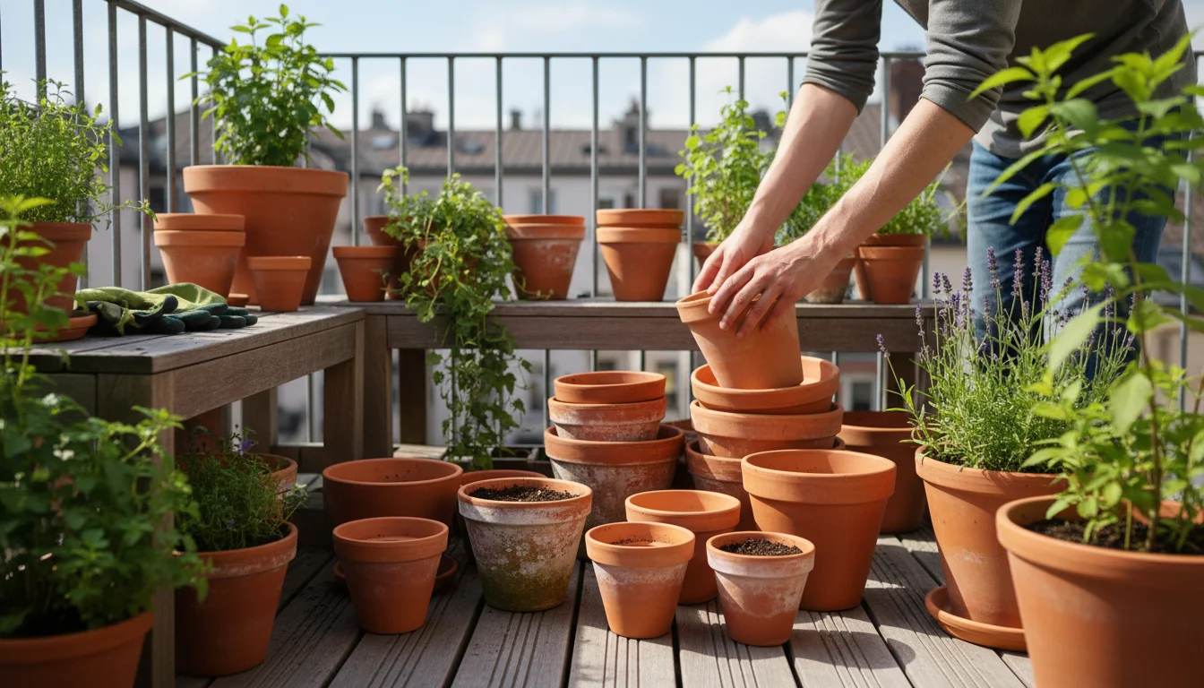 An adult carefully stacks a collection of clean, weathered terracotta pots on a small urban balcony, preparing them for winter storage.