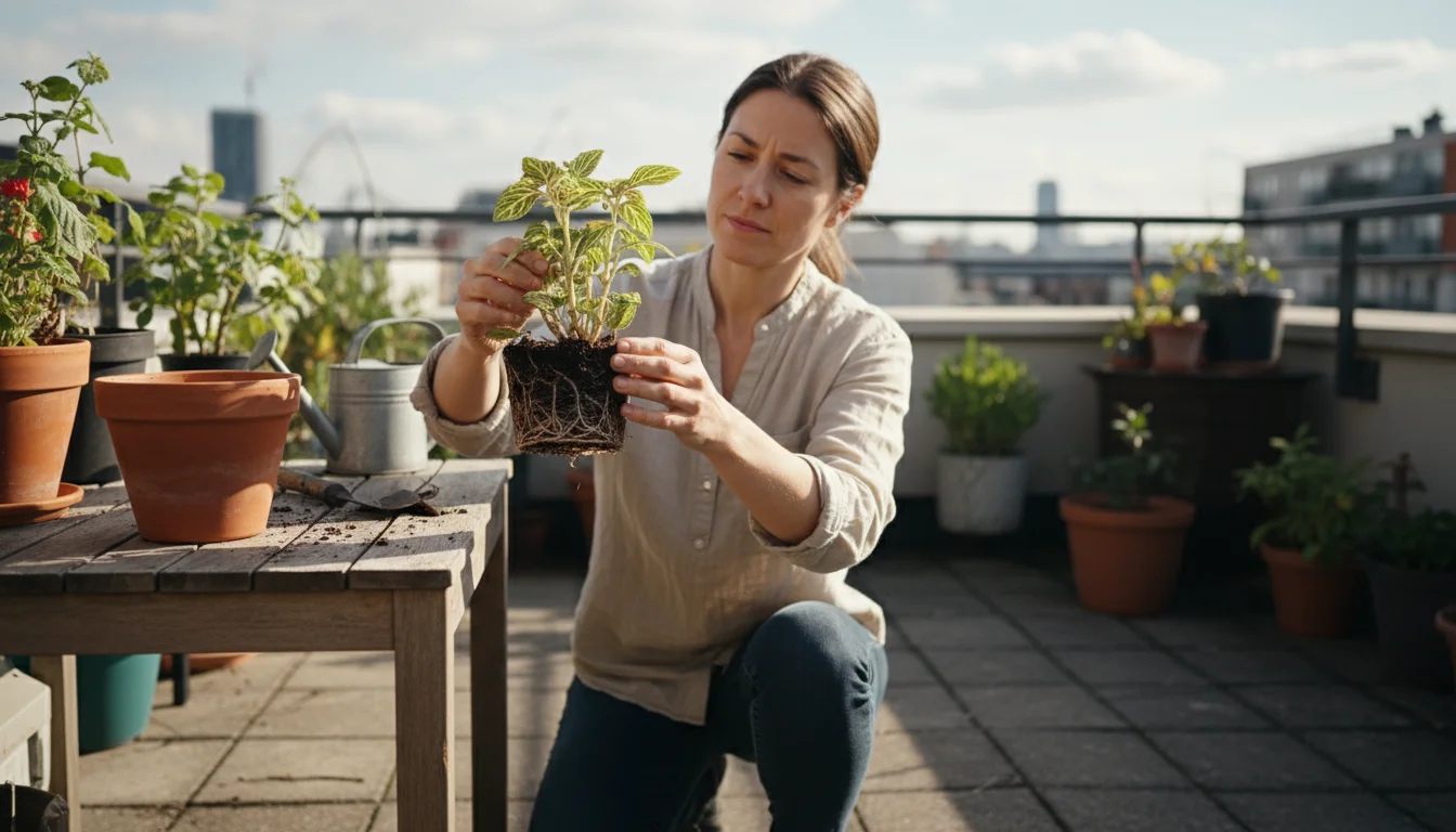 An adult thoughtfully inspects the exposed roots of a small houseplant on a balcony table, a larger pot nearby for repotting.