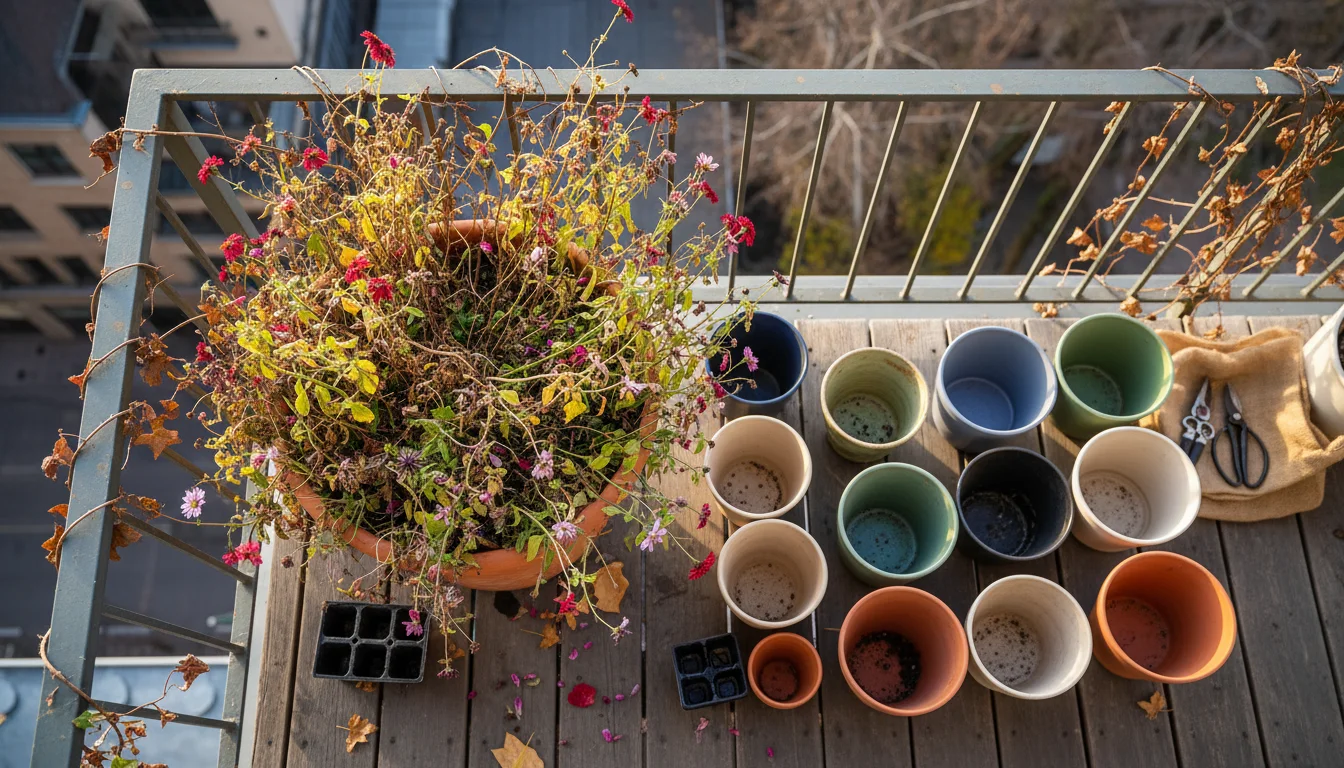 An aerial view of an overcrowded pot with struggling plants next to empty pots and a garden planning notebook on a balcony deck in autumn.