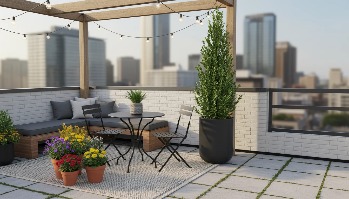 Aerial view of a small urban patio showcasing container garden layout. A tall 'Sky Pencil' holly is a focal point, with containers defining dining and