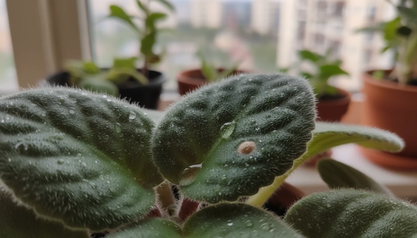 Extreme close-up of an African Violet leaf with visible water droplets and subtle brown fungal spots, showing early damage from misting.