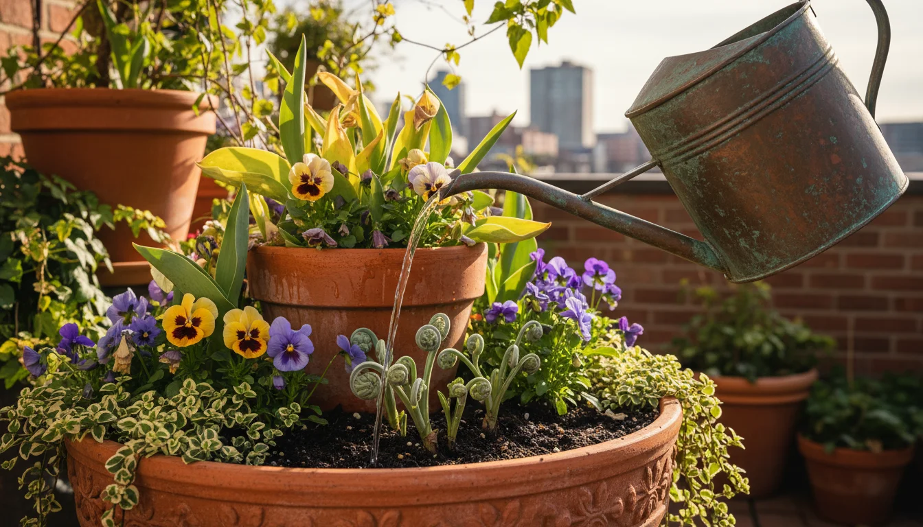 Aged copper watering can with narrow spout gently watering a vibrant, densely planted container garden on a sunny patio, plants glistening.