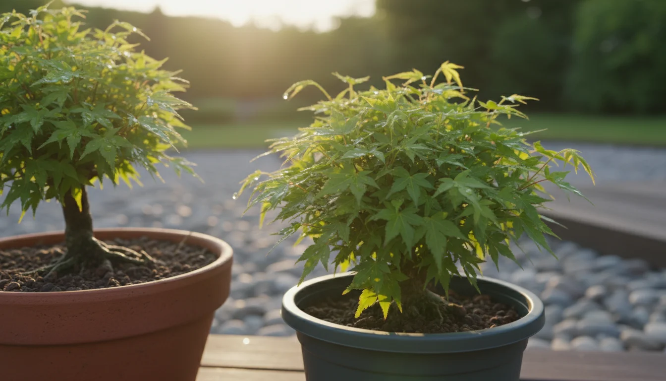 An aged terracotta pot with lavender and a modern charcoal plastic pot with a fern sit side-by-side on a light patio.