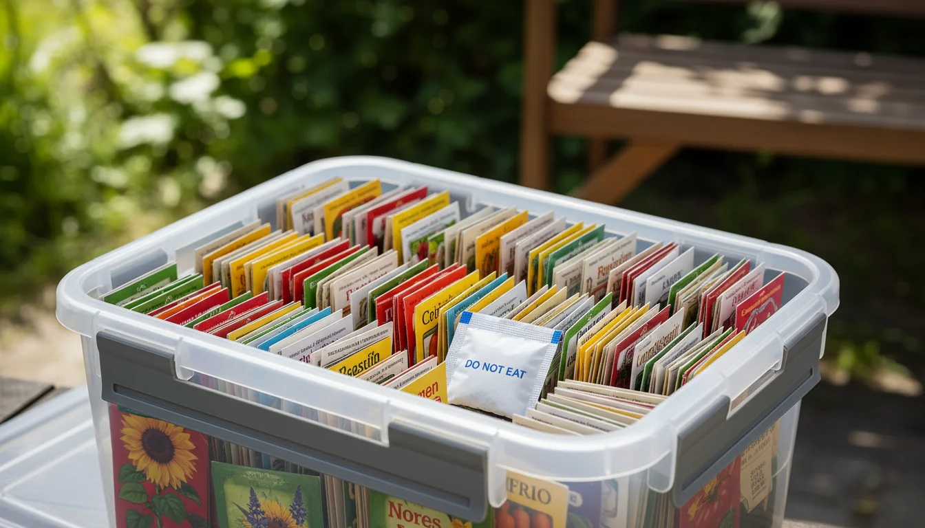 Clear airtight container with organized seed packets and a silica gel desiccant, sitting on a clean, blurred shelf.