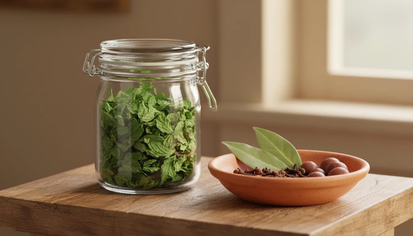 An airtight glass jar of vibrant dried mint leaves sits next to a small ceramic bowl containing bay leaves, whole cloves, and cedar chips on a wooden 