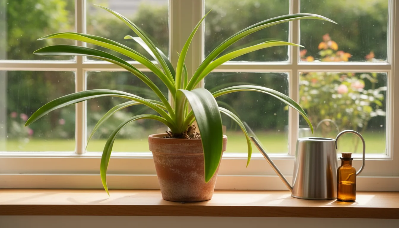 An Amaryllis plant with broad, green leaves sits in a terracotta pot on a sunny windowsill, with watering can and fertilizer nearby.