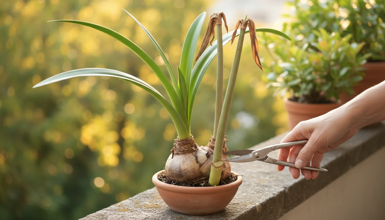 Amaryllis plant with healthy green leaves and spent flower stalks on a balcony. A hand holds snips, ready to trim a stalk.