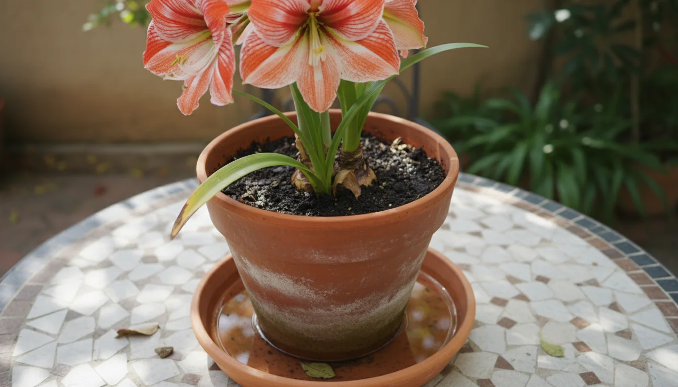 Amaryllis plant in a terracotta pot with yellowing leaves and visibly damp soil, sitting in a saucer with standing water on a weathered patio table.