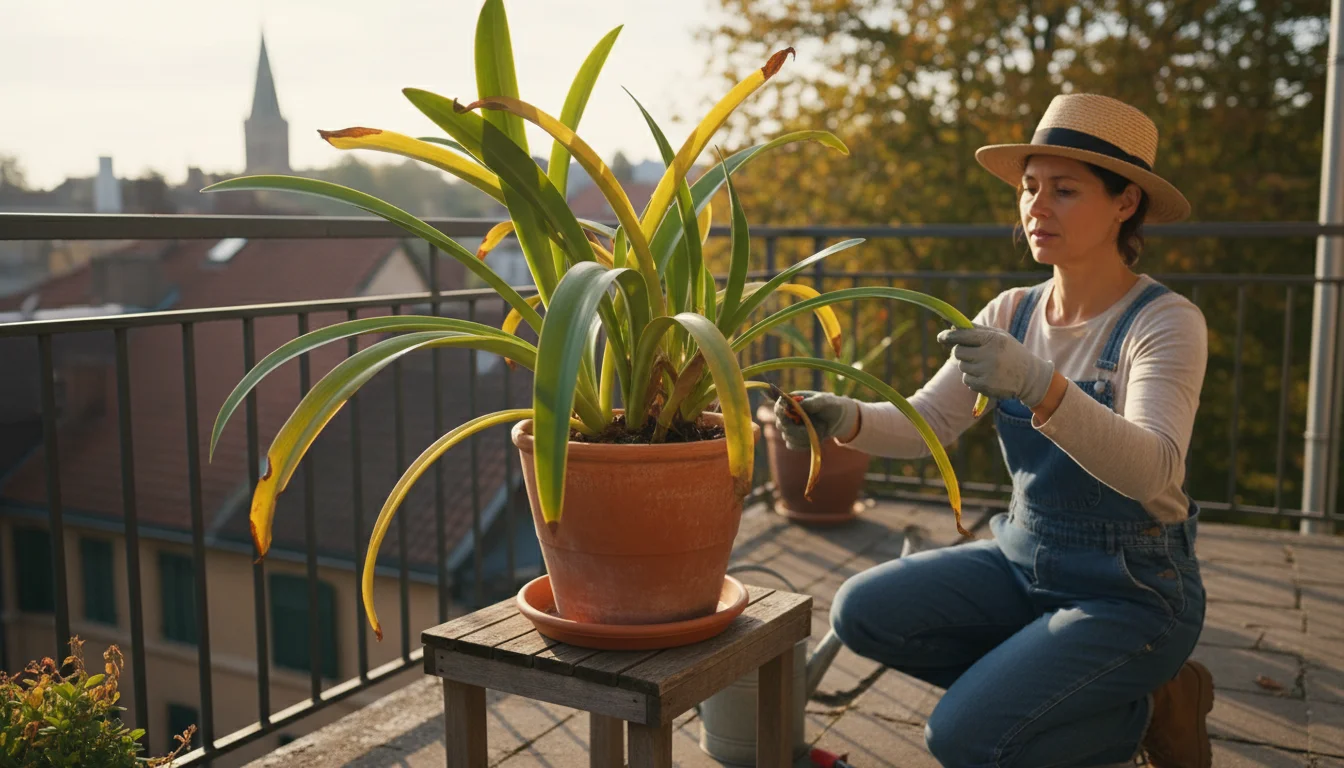 Amaryllis plant on an urban balcony with leaves yellowing naturally, a gardener's hand observing the process.