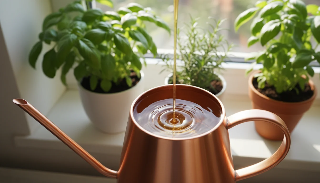 Elevated shot of amber liquid fertilizer being poured into a watering can with water. Lush, green basil and rosemary herbs blur in background.