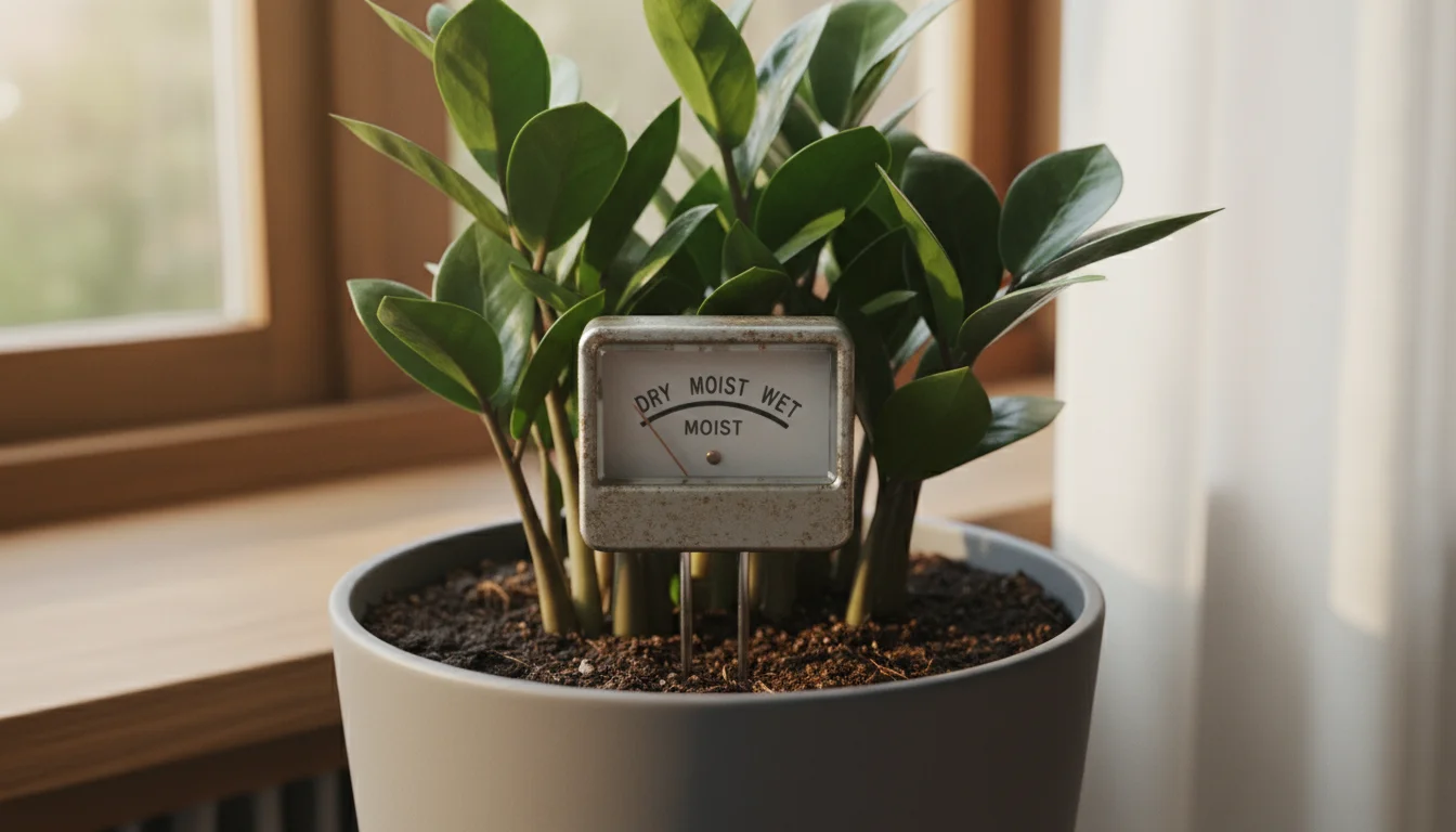 A close-up of an analog soil moisture meter showing a 'MOIST' reading, inserted into the soil of a ZZ plant in a grey ceramic pot.