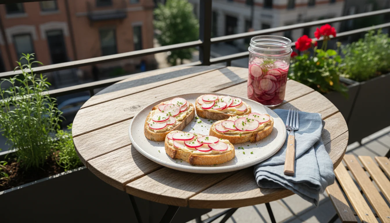 A slightly angled overhead view of radish and butter toasts on a plate next to a jar of quick-pickled radishes on a rustic balcony table.