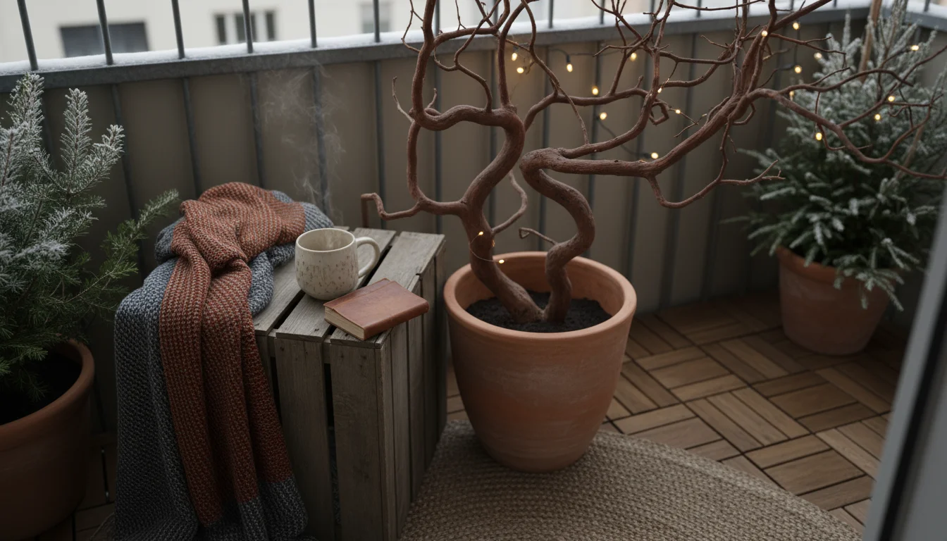 Angled view of a winter balcony corner with a repurposed wooden crate, a ceramic mug, a terracotta pot holding dried branches, and wooden deck tiles.