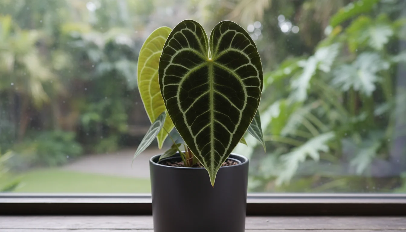 Close-up of an Anthurium clarinervium's large, dark green, heart-shaped leaf with prominent, silvery-white veins, in a modern ceramic pot.