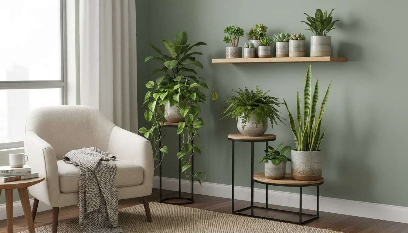 An apartment corner featuring a dark metal multi-tiered plant stand and a wood floating shelf, both filled with various potted houseplants.