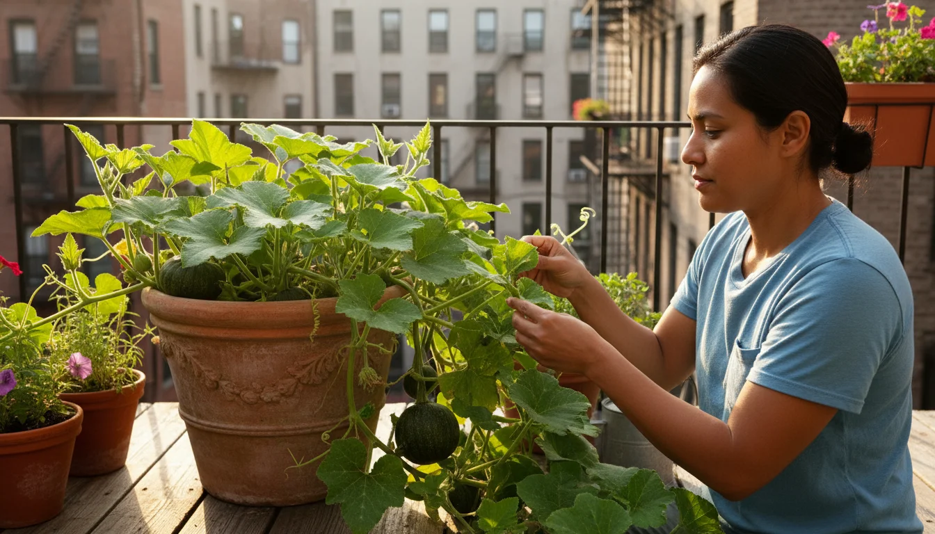 An apartment gardener checking a thriving mini pumpkin plant in a large terracotta pot on a sunny urban balcony, with a watering can nearby.