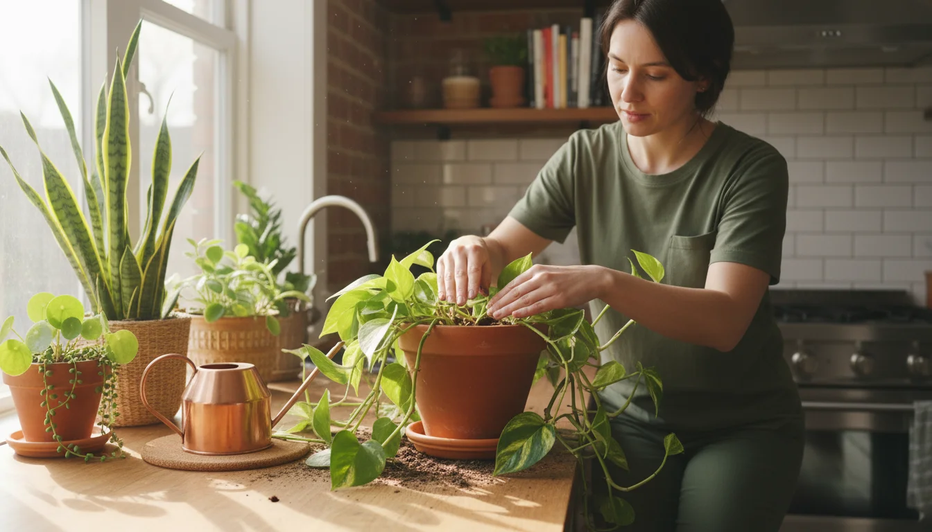 Apartment gardener tests soil of Pothos plant on kitchen counter, preparing diverse houseplants for a winter trip.
