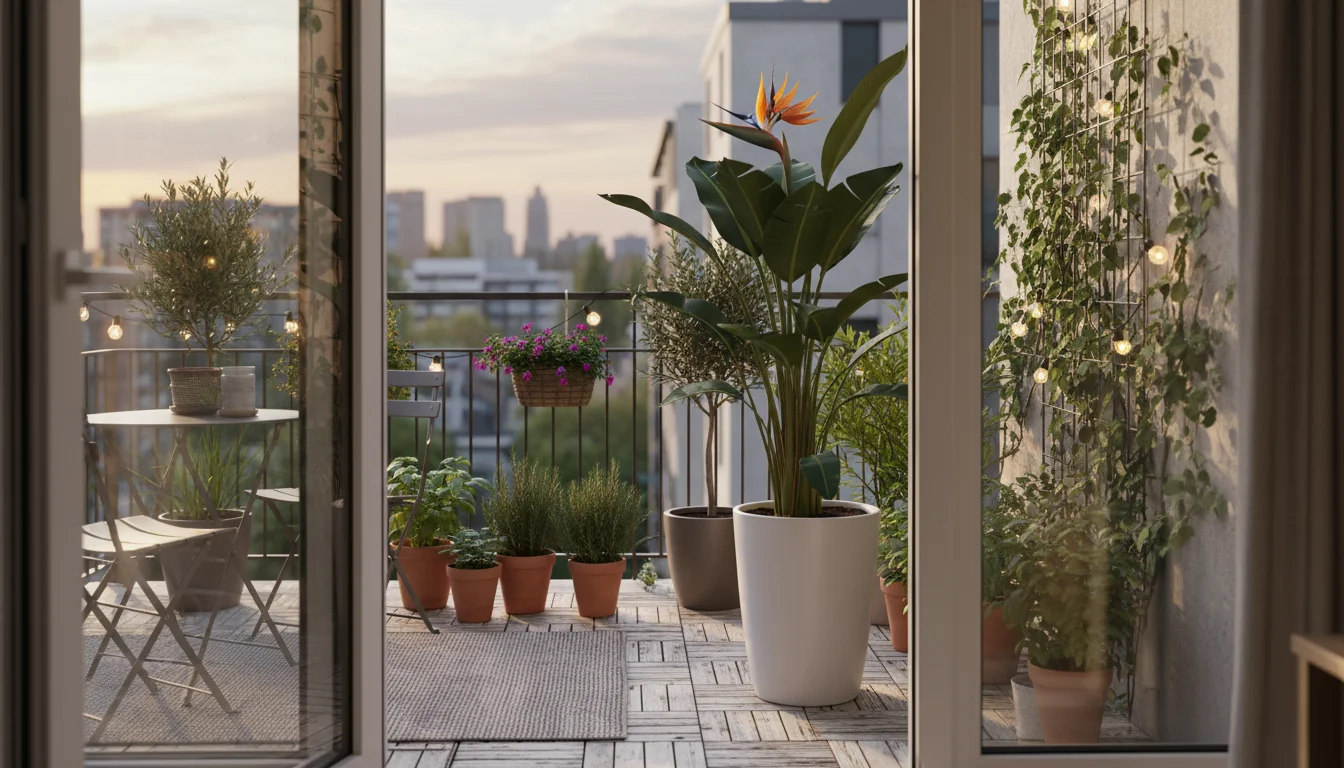 View from an apartment looking onto a small balcony garden. A striking Bird of Paradise plant in a white ceramic pot serves as the clear focal point.