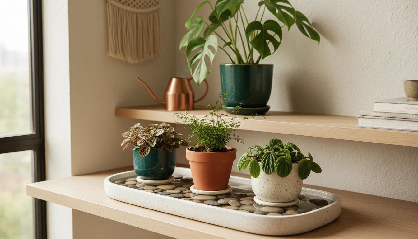 An apartment plant setup featuring a decorative pebble tray under grouped houseplants, with a small plant partially covered by a clear container for h