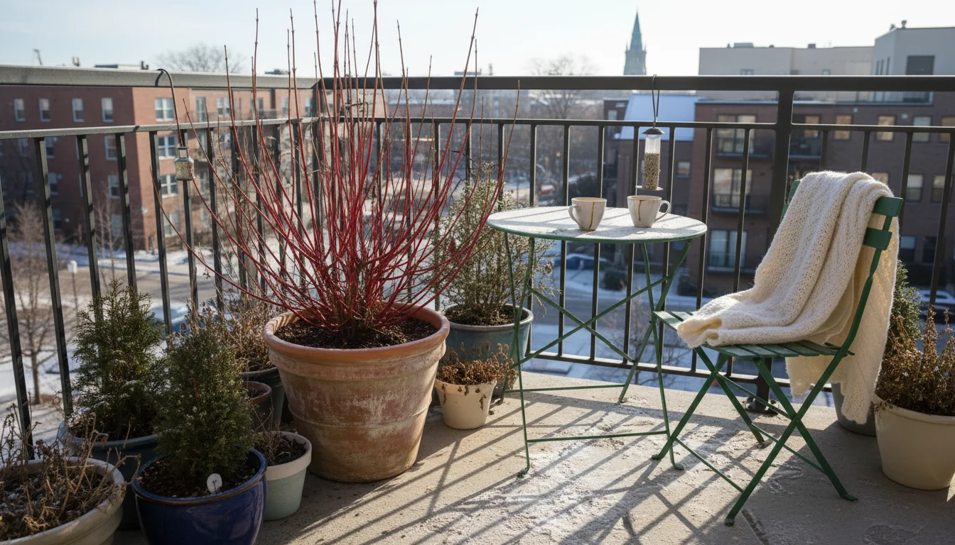 Arctic Fire dogwood with bright red stems in a terracotta pot on a small urban balcony, surrounded by other dormant container plants and a bistro chai