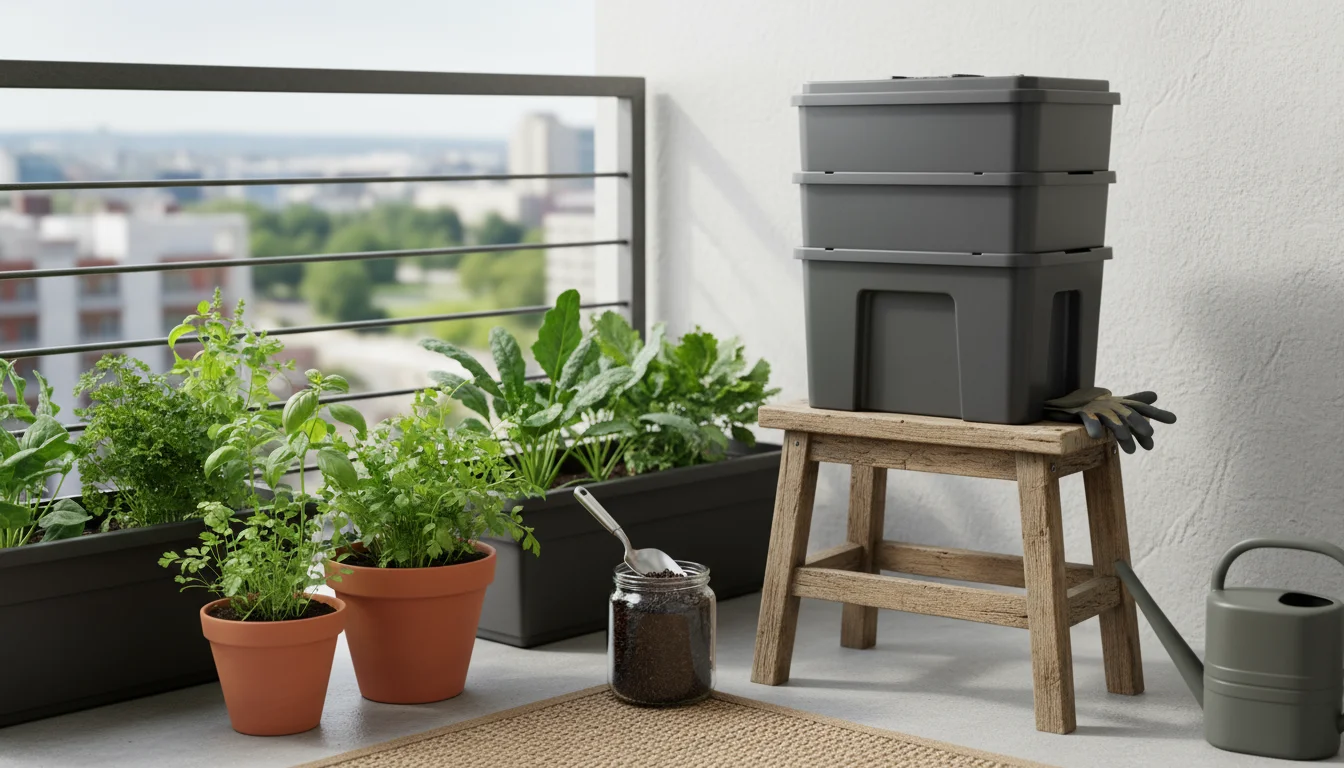 A neatly arranged small black worm composting bin on a balcony, surrounded by thriving potted herbs and a jar of worm castings.