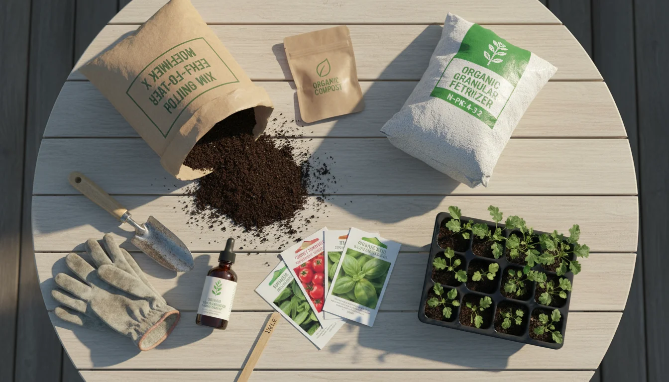 An overhead view of neatly arranged spring gardening supplies: potting mix, compost, organic fertilizers, seed packets, and seedlings on a patio table
